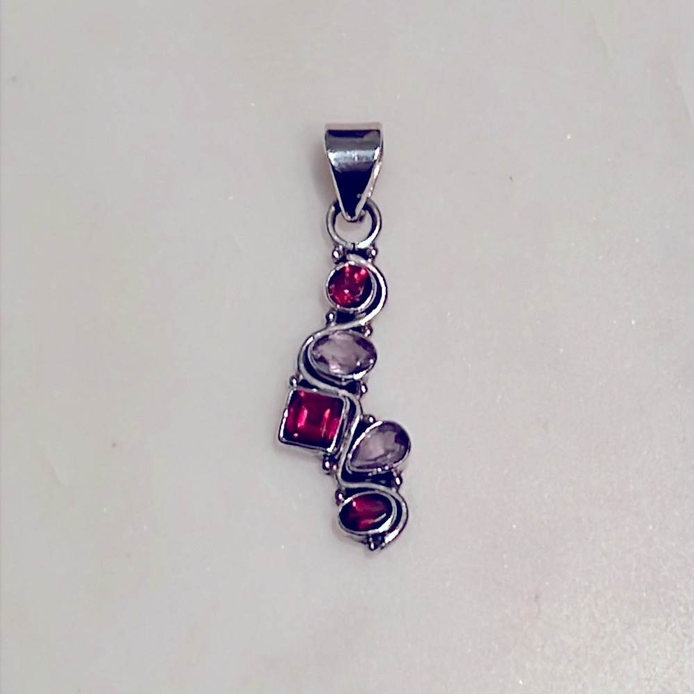 Garnet, Amethyst, Sterling Silver Five Stone River Pendant